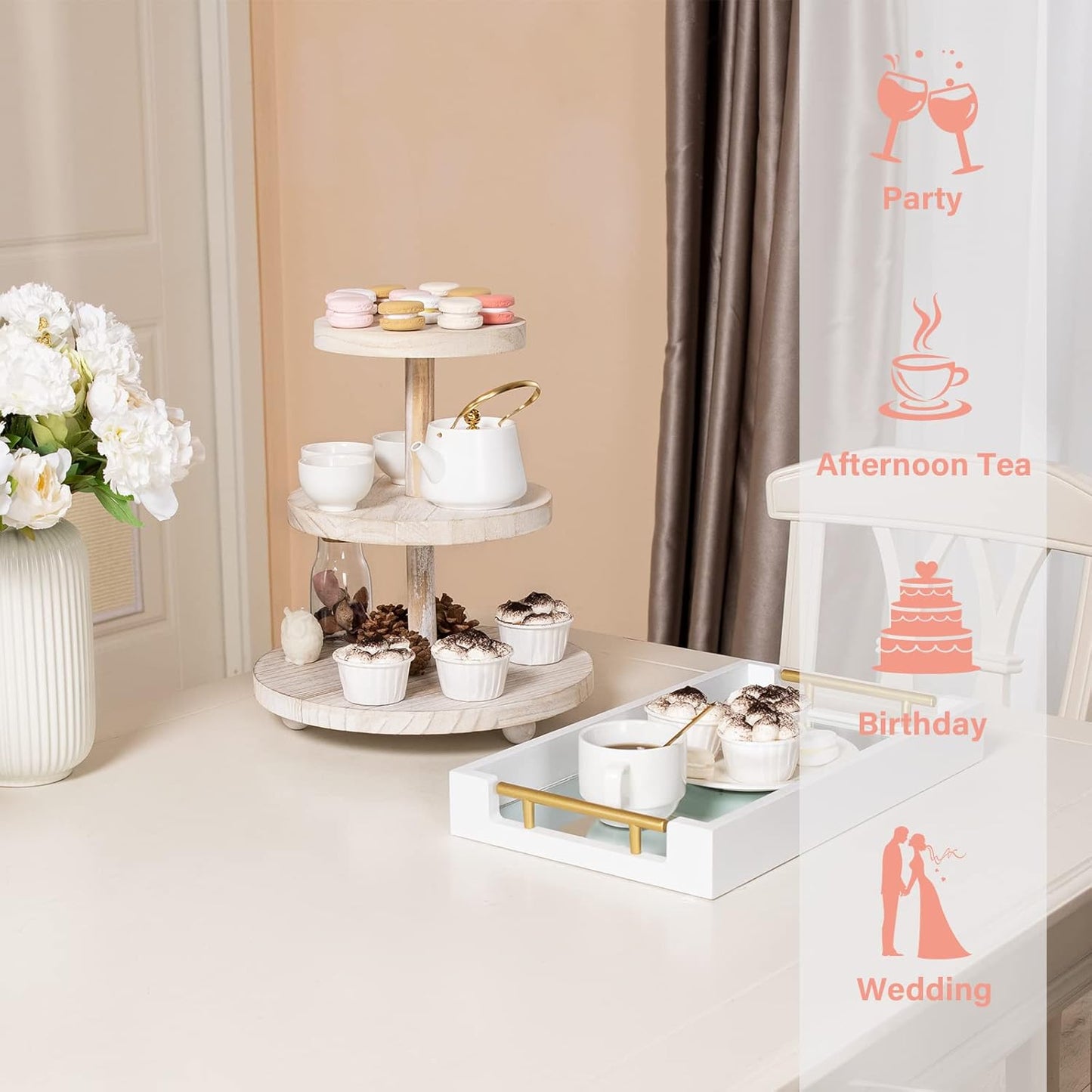 3 Tier Cupcake Stand Round,Wood Cake Stand with Tiered Tray Decor,Rustic Cake Stand for 24 Cupcakes,Cupcake Display for Home Tea Party, Birthday, Wedding, Farmhouse Decor