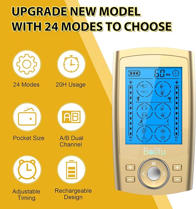 Belifu Dual Channel TENS EMS Unit 24 Modes Muscle Stimulator for Pain Relief Therapy, Electronic Pulse Massager Muscle Massager with 10 Pads, Dust-Proof Drawstring Storage Bag, Fastening Cable Ties