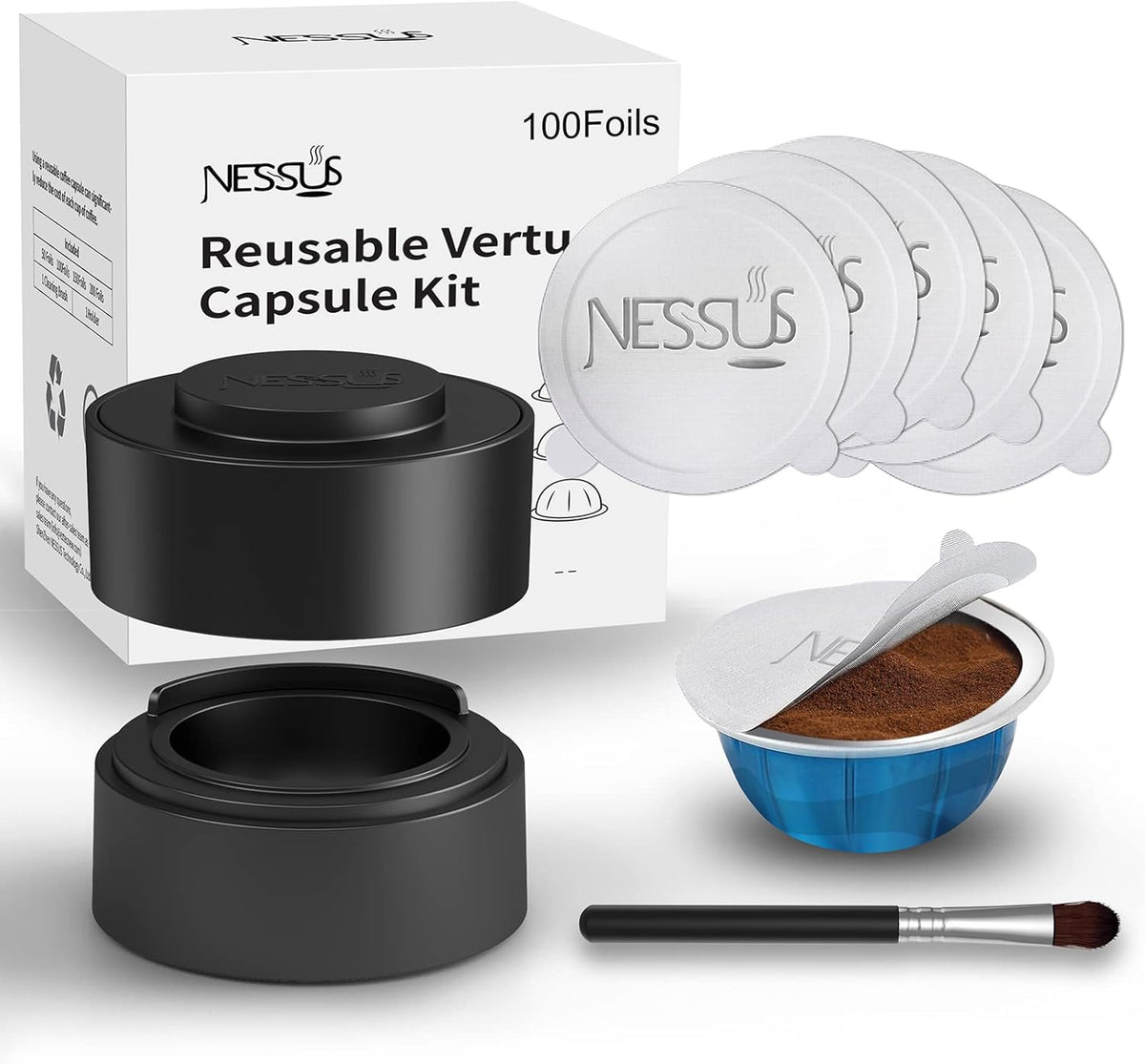 Nessus Reusable Kit for Nespresso Pods Vertuo, Reuse Old Coffee Pods for Nespresso Vertuo: 100 Pcs Aluminum Foil Seal Lid, Holder, Brush, Refillable Vertuo Plus Next Capsule Machine