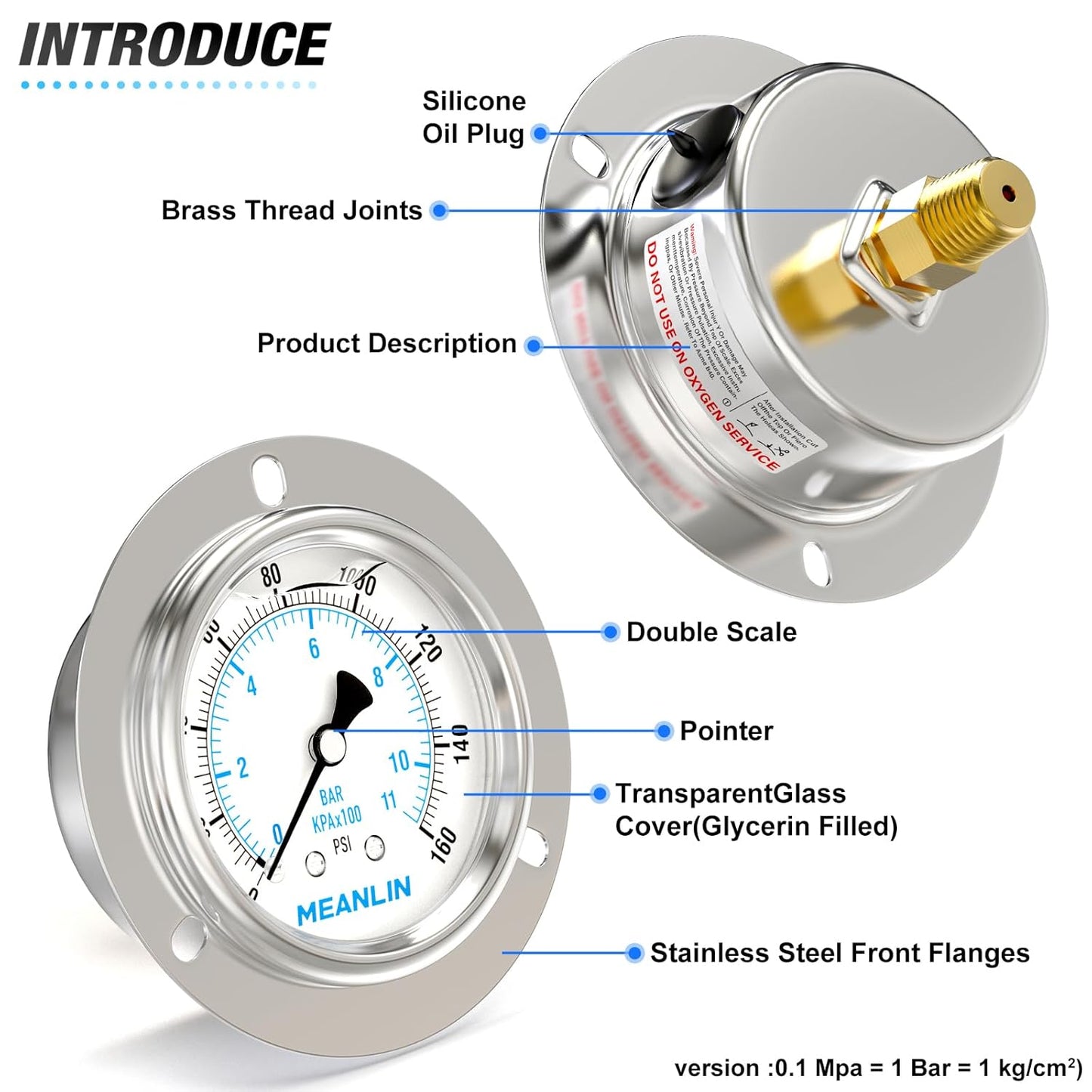 MEANLIN MEASURE 0~160Psi Liquid Filled Pressure Gauge Front Flange Panel Mount, 1/4" NPT 2.5" FACE DIAL Stainless Steel Case with Phillips Screw and Nut, +/-3-2-3%