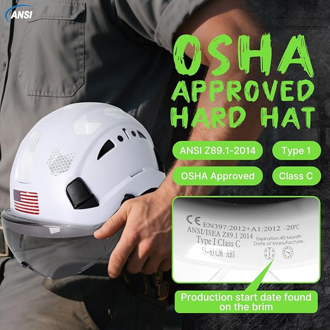 AOLAMEGS Construction Safety Hard Hat - ANSI Z89.1 Type Ι OSHA Approved Safety Helmets with Chin Straps Lightweight Reflective Vented ABS Hard Hats For Men Women Industrial Workwear 6-point Suspension