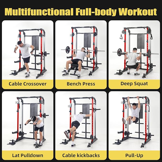 Power Cage, Squat Rack with Cable Crossover and Dual Independent Pulley System, 2000LB Capacity Workout Cage with More Training Attachments, Power Rack for Home Gym