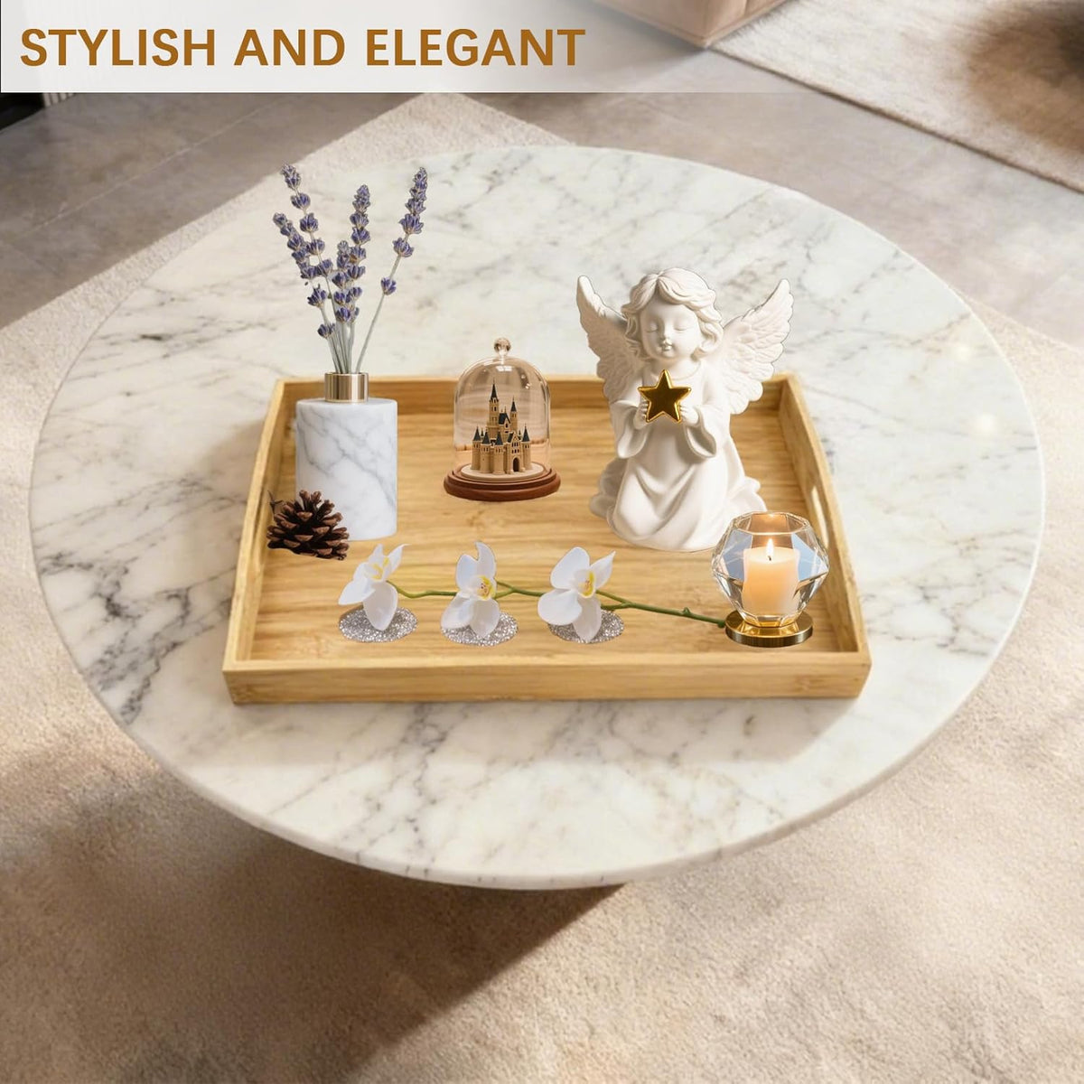 GOLD HONEY Bamboo Serving Tray with Handles Set of 2 - Decorative Wooden Tray for Living Room, Bathroom, Suitable for Used in Bedroom, Kitchen, Coffee Table, Outdoor and Storing - 17x13in, 16x12in
