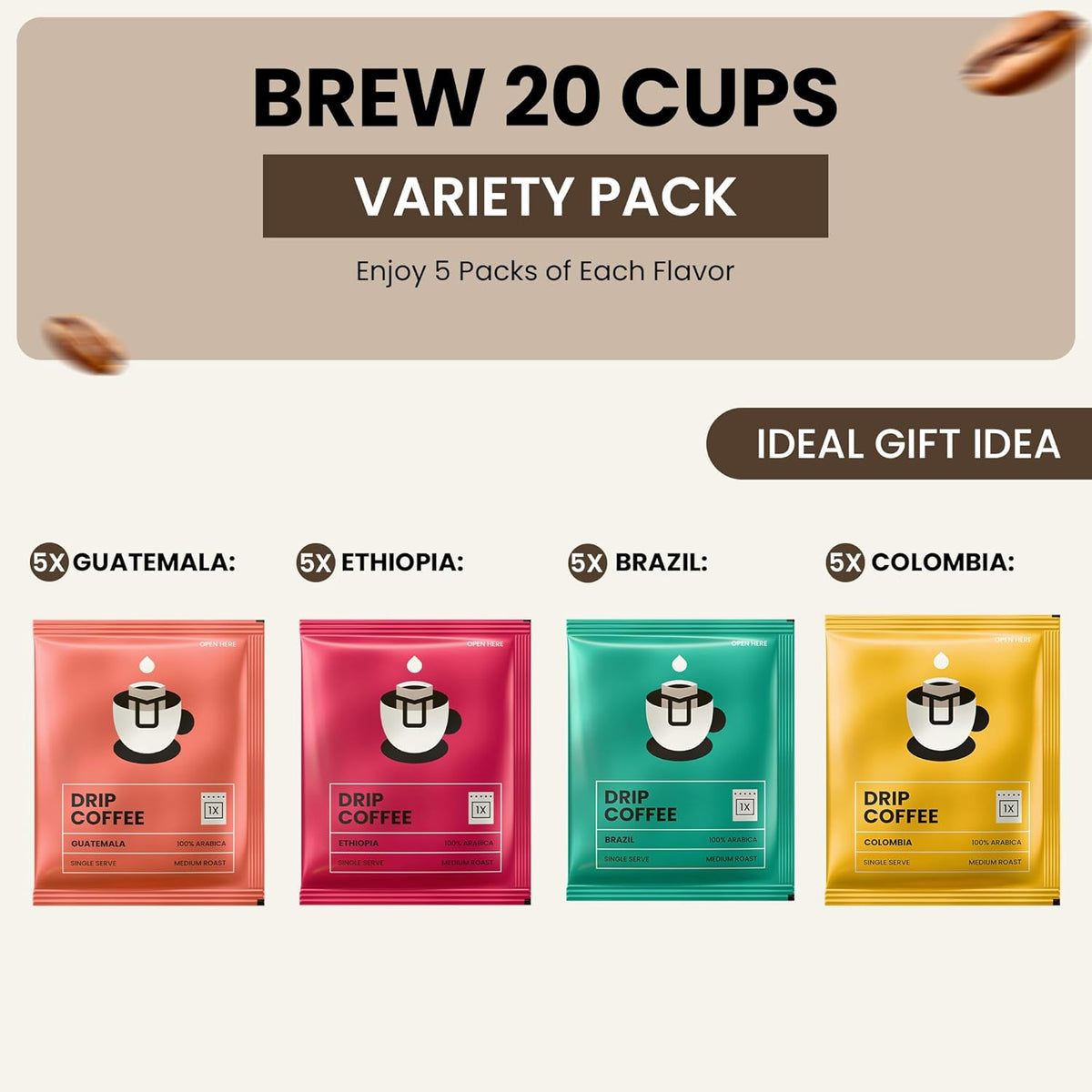 Mondo Drip Coffee Mix (20 Pack) USDA Organic - Variety Pack, Single Serve, Pour Over Pouch Bags, Pre-Filled 100% Arabica, Medium Roast
