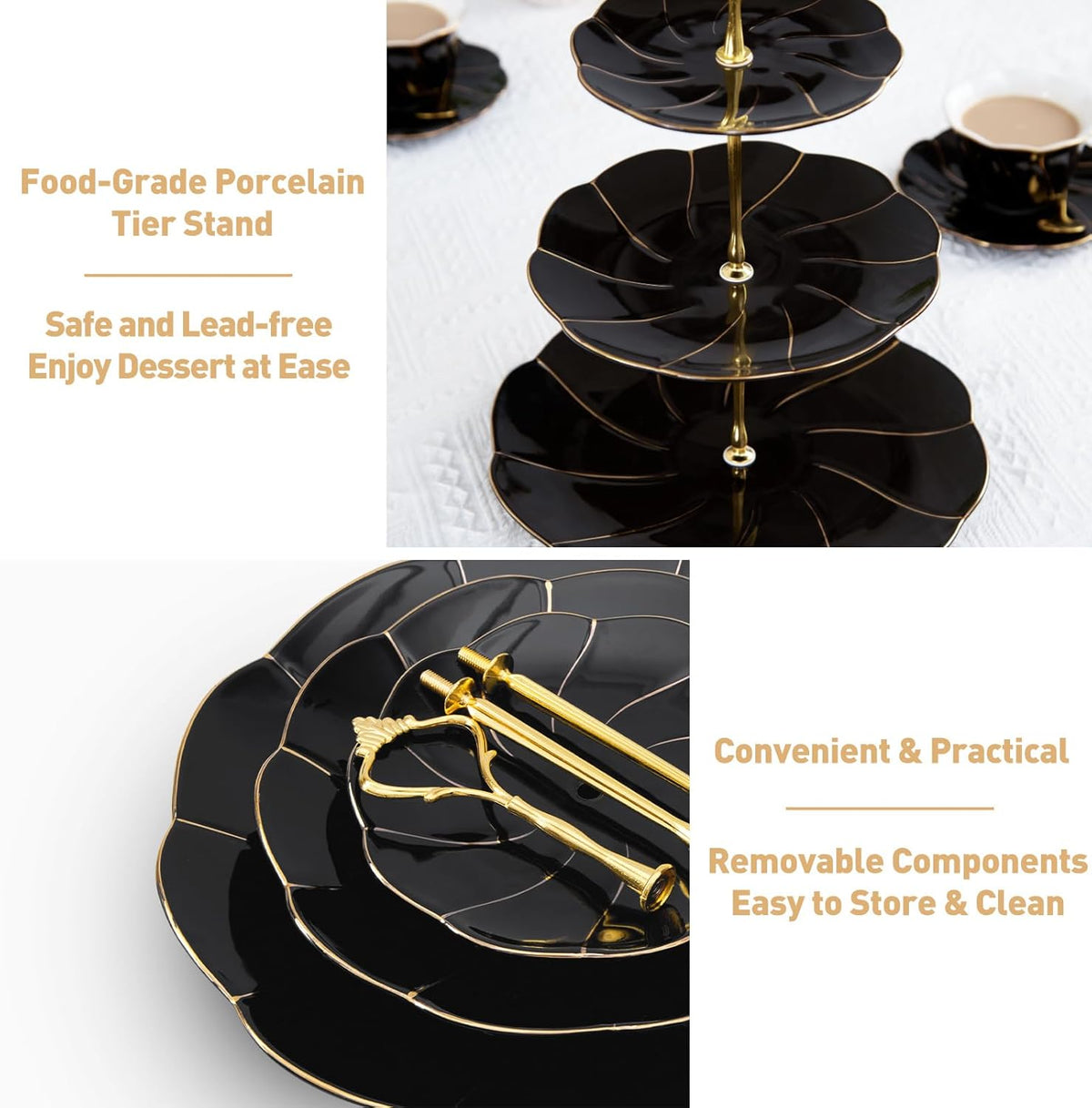 DUJUST Luxury Porcelain 3-Tier Cupcake Stand Tower, British Style Serving Tray with Golden Trim, Food Grade Dessert Display Stand, Beautiful Gift for Tea Party & Home Décor - Black
