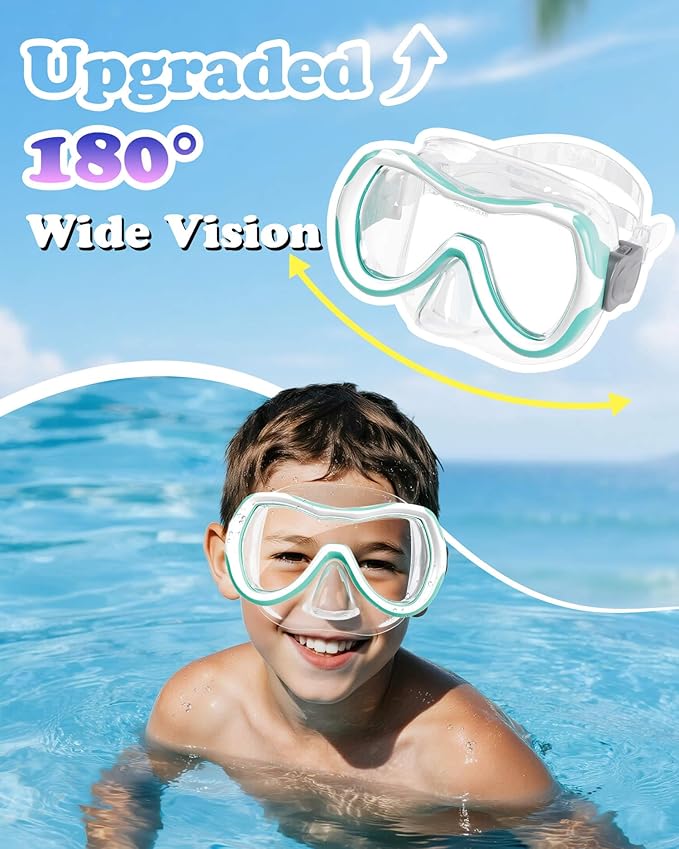 Aegend Kids Swim Mask Goggles, Tempered Glass 180° HD Wide View with Nose Cover