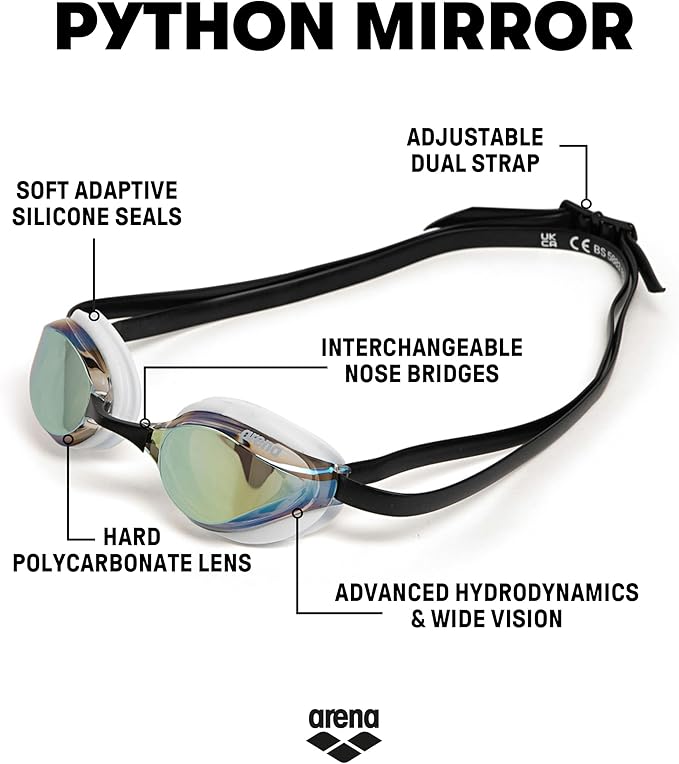 ARENA Unisex Python Racing Swim Goggles for Men and Women Anti-Fog No Leak Max Comfort Dual Strap, Mirror/Non-Mirror Lens