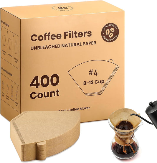 #4 Cone Coffee Filters 8-12 Cup, 400 Count Unbleached Natural Coffee Paper Filters, No Blowout, Disposable Coffee Filter for Pour Over and Drip Coffee Maker