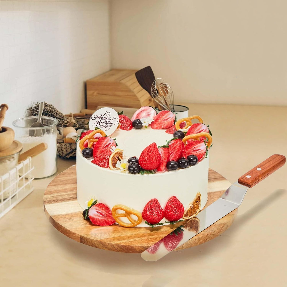 12" Acacia Wood Revolving Cake Stand, 2" High Rotating Cake Turntable with 2 Icing Spatulas, 3 Smoothers, Wooden Rotating Display Stand for Cake, Cupcake Decorating Supplies
