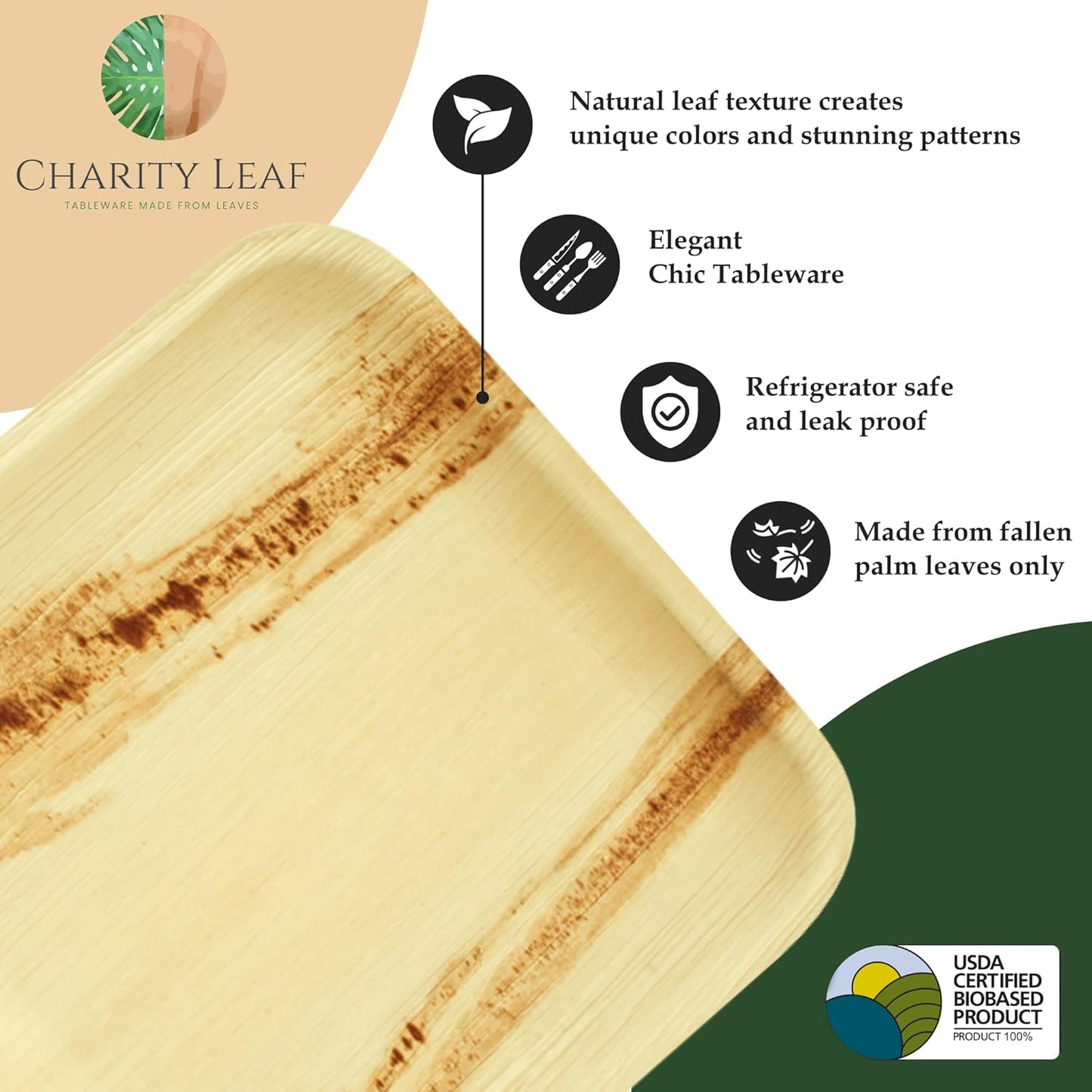 Charity Leaf Disposable Palm Leaf 15" x 10" Trays (100 pieces) Bamboo Like Serving Platters, Disposable Boards, Eco-Friendly Dinnerware For Weddings, Catering, Events