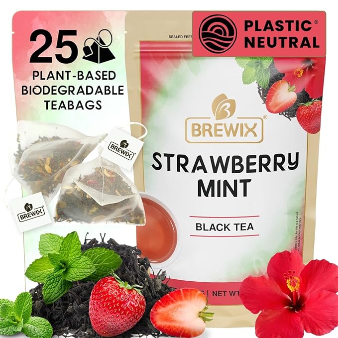 BREWIX, Strawberry Mint Tea Bags (25 Plant Based Tea Bags), Made with - Black Tea, Hibiscus, Spearmint, Fennel, Strawberry | Caffeinated & Sugar-Free