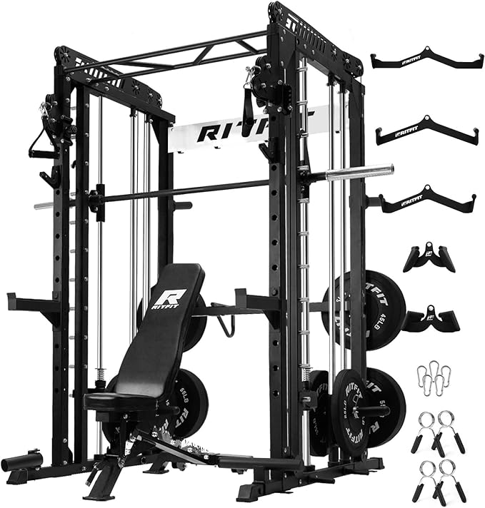 RitFit M1 & M1 Pro Smith Machine with Cable Crossover System, Multi-Function Squat Rack Power Cage for Home Gym, Power Rack and Packages