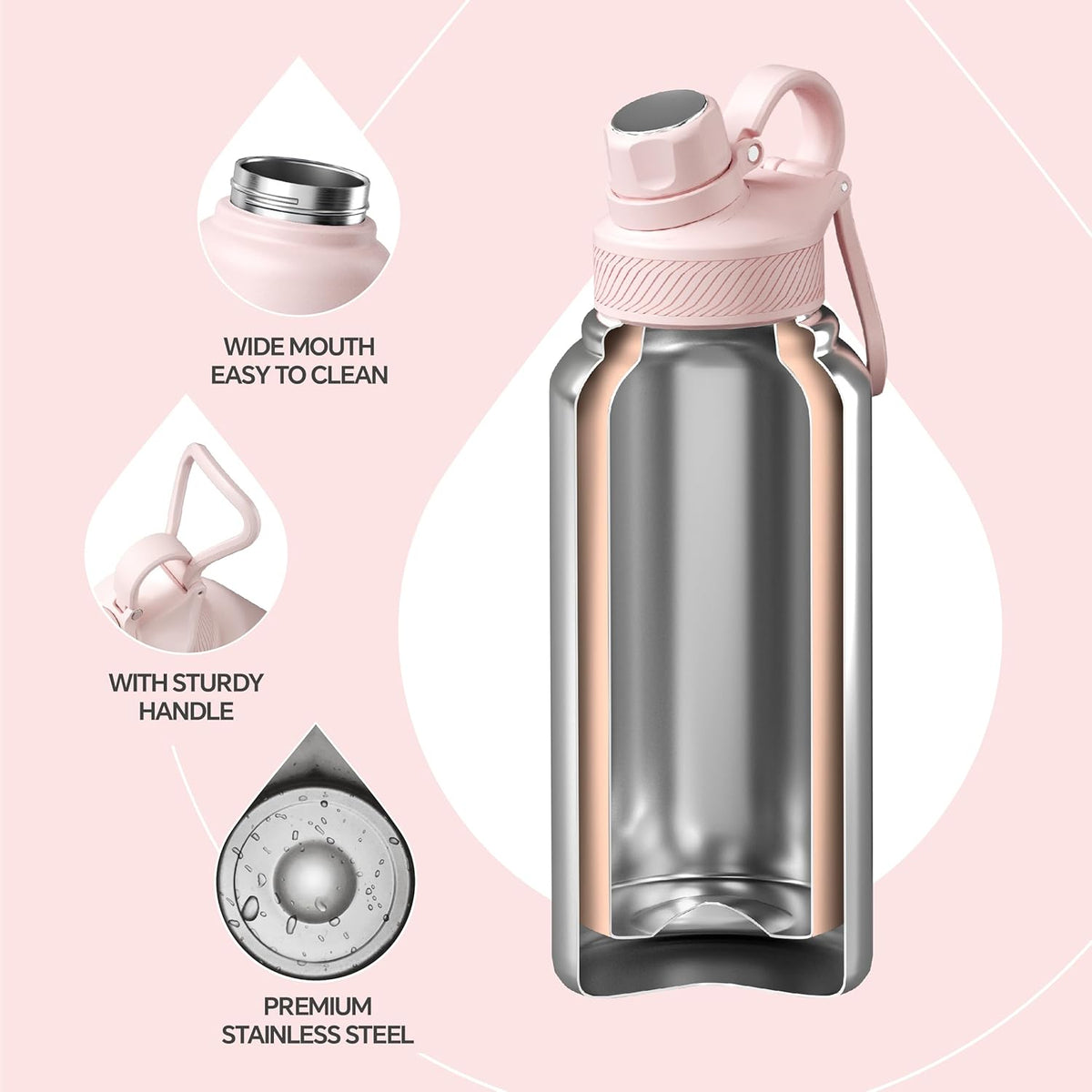 IDEUS Insulated Stainless Steel Water Bottle with 2 Leak-Proof Lids, Thermal Water Flask for Hiking Biking, 32oz, Light Pink