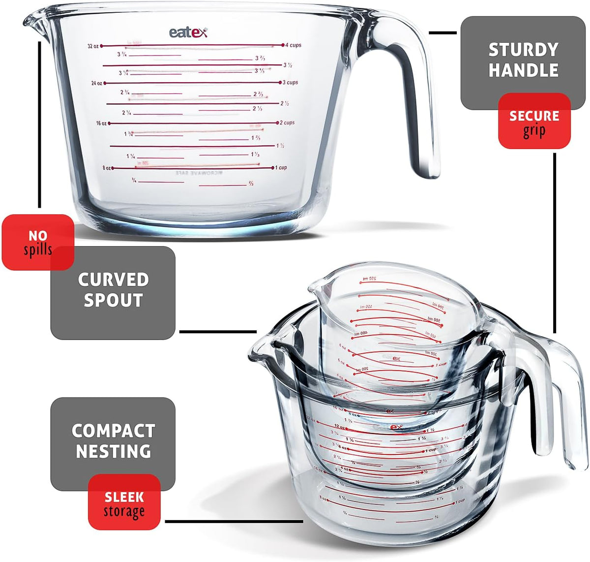 Eatex Mixing Bowls with Measuring Cups & Measuring Spoons 17 Piece Set - Nesting Stainless Steel Mixing Bowls Set for Kitchen, Measuring Spoons & Glass Liquid Measuring Cups, Dishwasher Safe Meal Prep