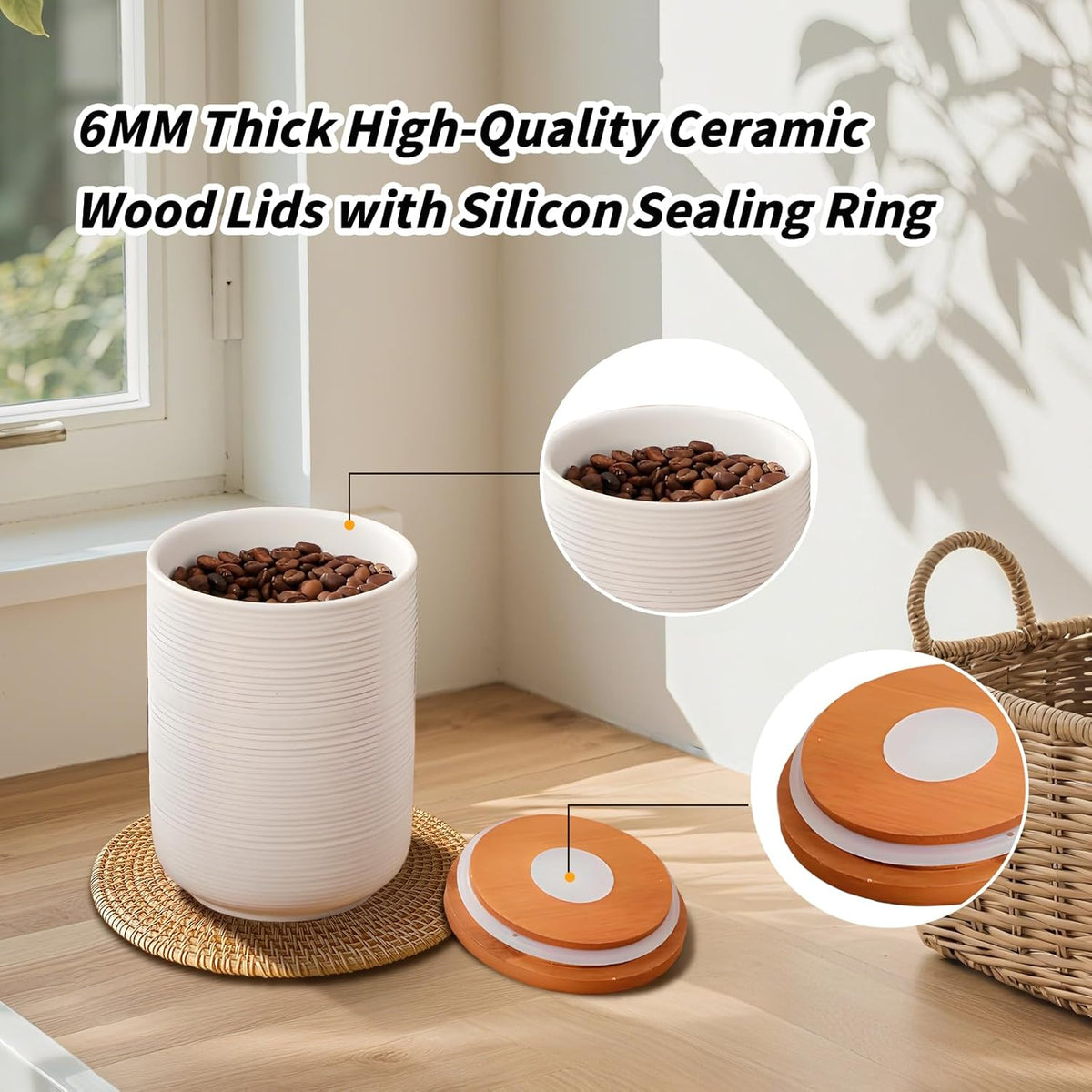Food Storage Jar Strong Ceramic Storage Canisters with Airtight Wooden Lid,Kitchen Storage Containers for Serving Coffee Beans, Tea, Sugar, Salt, Spices (Little white)