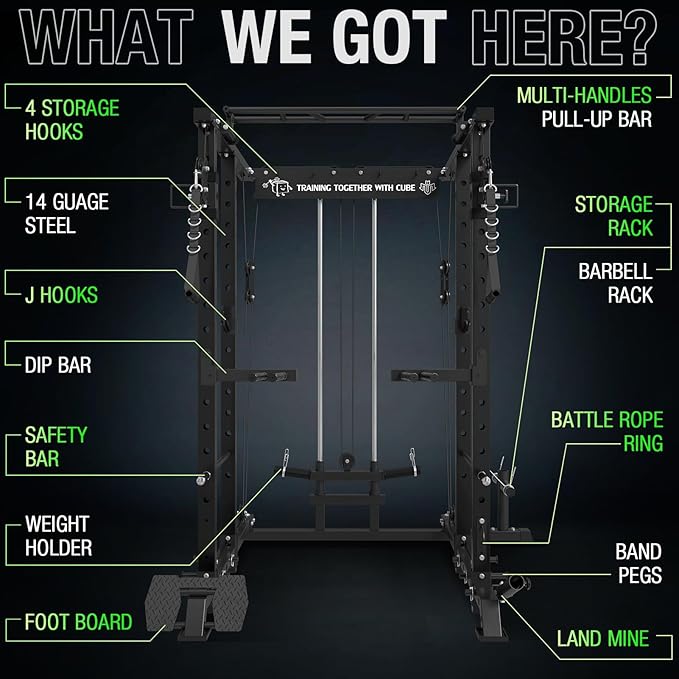 Mikolo Power Cage, 1500lbs Power Rack with LAT PullDown and Cable Crossover System, Squat Rack with Pulley System, Weight Cage for Home Gym with Training Attachments