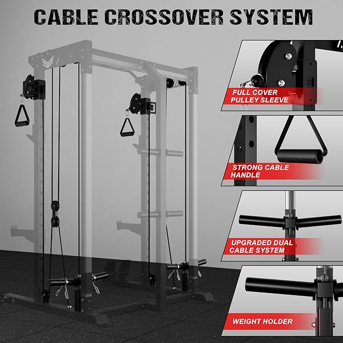 Power Cage, 2000LBS Multi-Function C21 Power Rack with Dual Pulley Cable Crossover System, All-in-One Squat Rack with More Training Attachments
