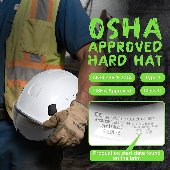 AOLAMEGS Construction Safety Hard Hat - ANSI Z89.1 Approved Safety Helmet with Visor & 50pcs Hard Hat Stickers Sliding Vented Hardhat for Men Women Adults Industrial Workwear Outdoor (Smoke Visor)