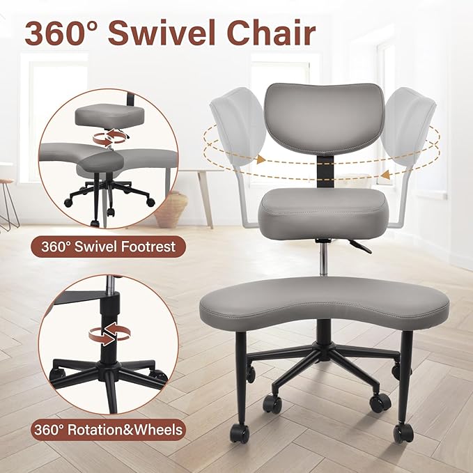 Meditation Chair Cross Legged ADHD Office Chair for Adults with Wheels Ergonomic Back Support and Leg Rest for Multi Position Criss Cross Sitting Kneeling and Yoga Height Adjustable, Leather Style