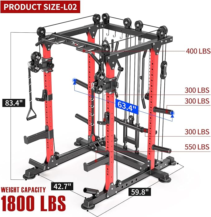 Power Cage,1600lbs Multi-Function Power Rack with Adjustable Cable Crossover System and More Training Attachment, Weight Cage for Home Gym