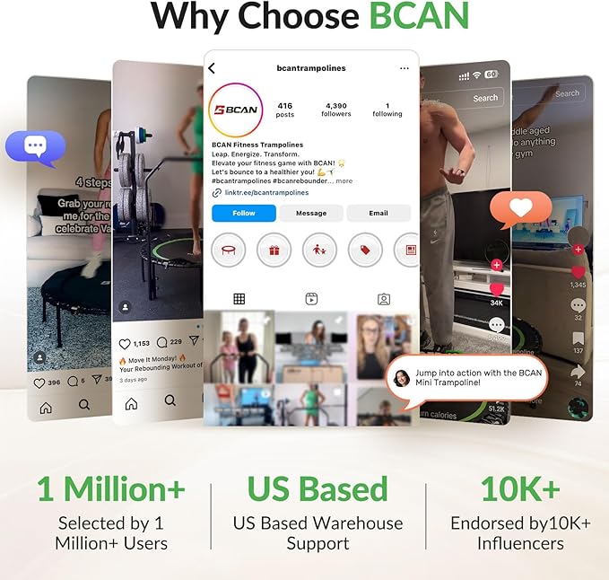 BCAN 51" Octagonal Mini Trampoline, Max Load 450 LBS Fitness Trampoline with T-Adjustable Handle Bar, Silent Bungees, Larger, More Stable, Quieter Exercise Rebounder for Adults Indoor/Garden Workout