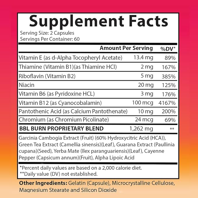 Better Booty BBL Burn Thermogenic Complex Capsules, Tone & Sculpt Belly, Bum + Legs w. Garcinia Cambogia, Guarana, Green Tea Ext, ALA, & Cayenne Pepper Supplement (120ct, 60 Servings)