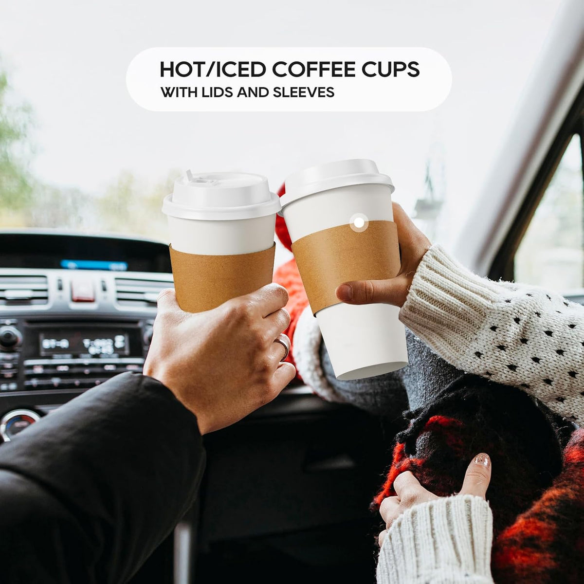 JOLLY PARTY [100 Pack] 16 oz Paper Coffee Cups, Disposable Paper Coffee Cup with Lids, Sleeves, and Stirrers, Hot/Cold Beverage Drinking Cup for Water, Juice or Tea, Suitable for Home,Shops and Cafes