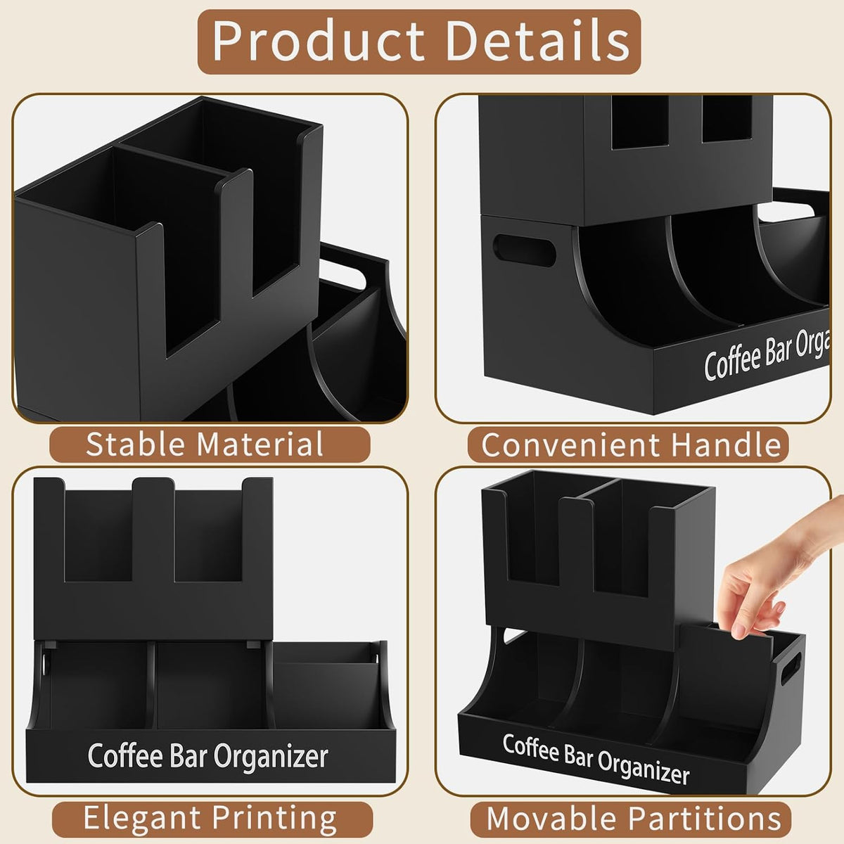 Coffee Station Organizer, Wooden Coffee Bar Organizer for Countertop, Condiment and Cup Storage Organizer, Bar Accessories for Kitchen, Office, Home, Small Black
