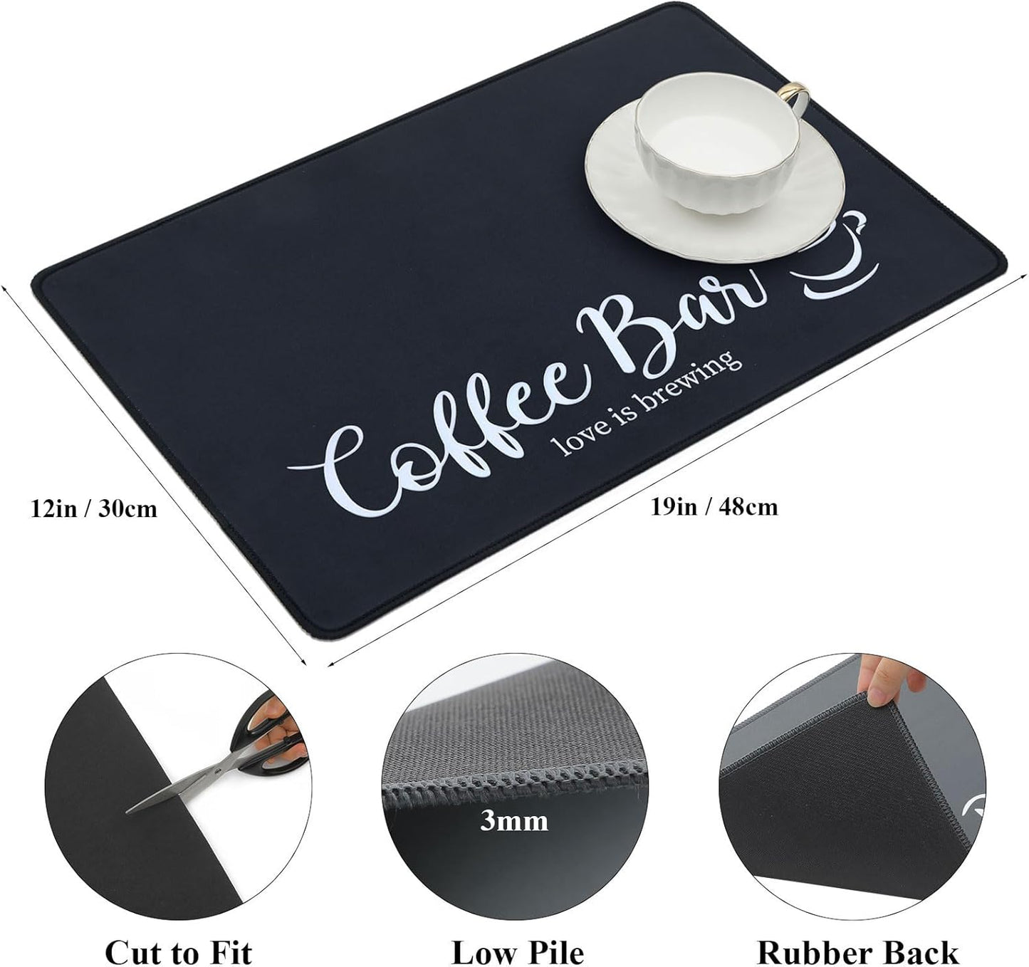 SHACOS Coffee Mat 2-Pack 12x19 Inch Absorbent Non Slip Rubber Bar Accessories Coffee Maker Mat for Countertop Dish Drying Mat Heat Resistant, Black