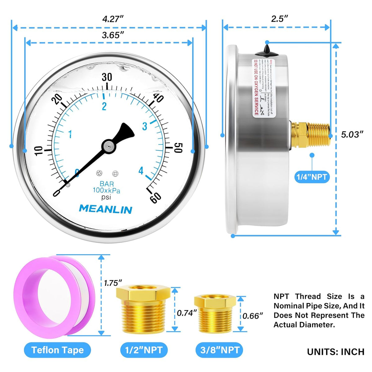 MEANLIN MEASURE 0~60Psi Stainless Steel 1/4" NPT 4" FACE DIAL Liquid Filled Pressure Gauge, Pool Sand Filter Water Pump Pressure Test Back Mount, with 1/4" x 1/2" NPT and 1/4" x 3/8" NPT Hex Bushing