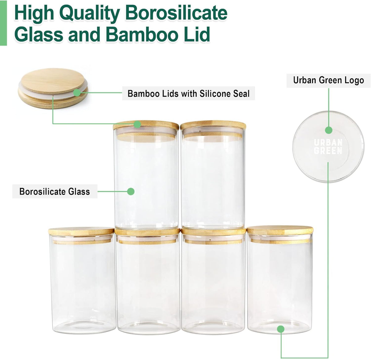 Urban Green Glass Jars with Bamboo Lids, Glass Airtight Canisters sets, Food Storage Container, Pantry Organization and Storage Jars, Kitchen Canisters Sets, Flour Containers of 6