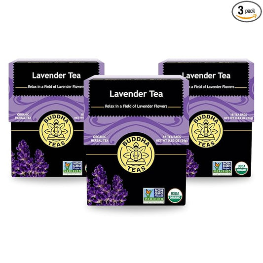 Buddha Teas - Organic Lavender Tea - Herbal Tea - For Health & Wellbeing - With Antioxidants & Minerals - Clean Ingredients - Caffeine Free - OU Kosher & Non-GMO - 18 Tea Bags (Pack of 3)