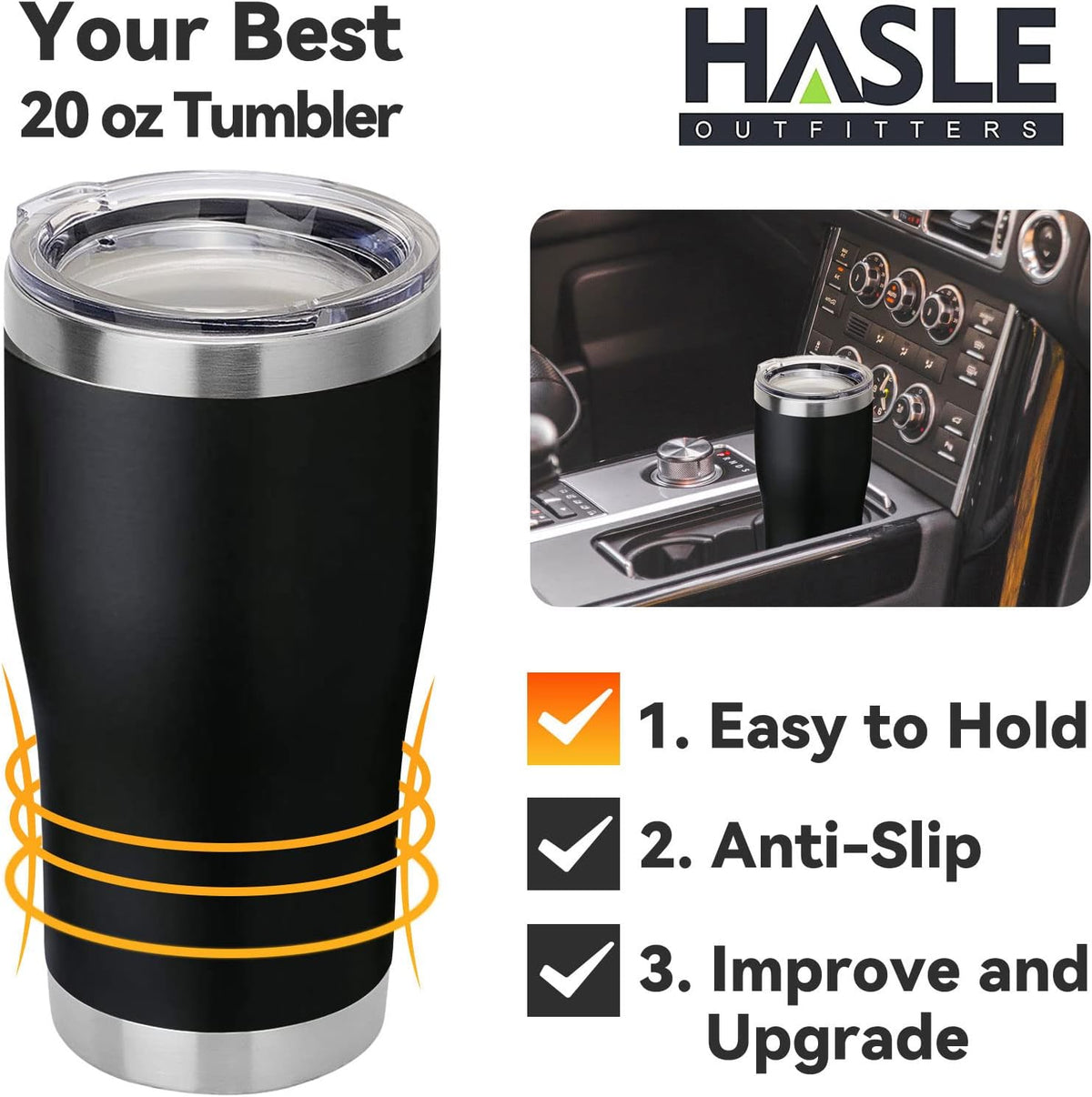 HASLE OUTFITTERS 20 oz Tumbler Bulk, Stainless Steel Tumblers with Lid, Vacuum Insulated Tumbler, Double Wall Tumbler Cup, coffee mugs, Black, 6 Pack