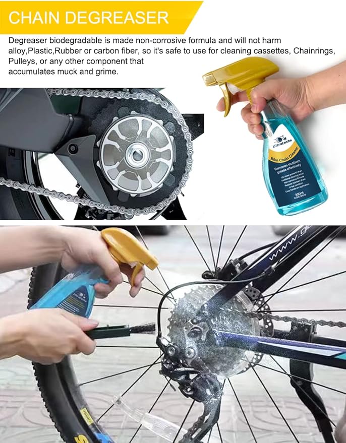 Bike Cleaner kit to Clean/Protect/Lube Bicycle,with Chain Scrubber,Cleaning Brush Tool,Bike Cleaner(19oz),Degreaser(10or19oz),Wet Lubricant(2oz)