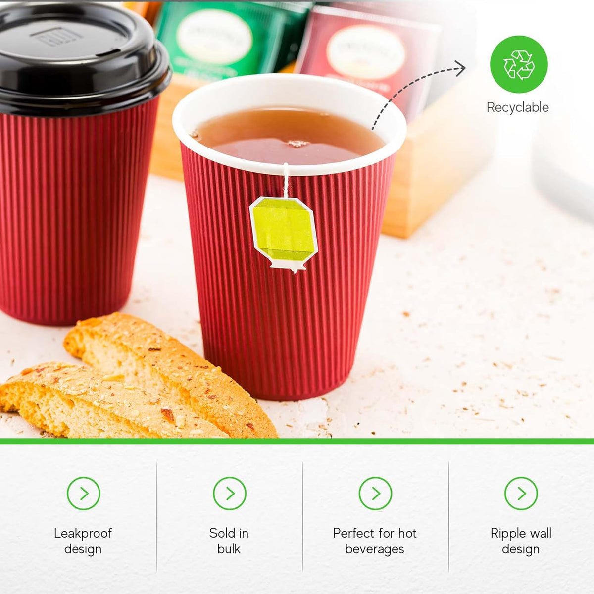 Restaurantware 12 Ounce Ripple Wall Disposable Coffee Cups, 500 Insulated Crimson Paper Tumblers with Rolled Rim Design, Lids Sold Separately for Hot Drinks like Tea, Hot Chocolate and More