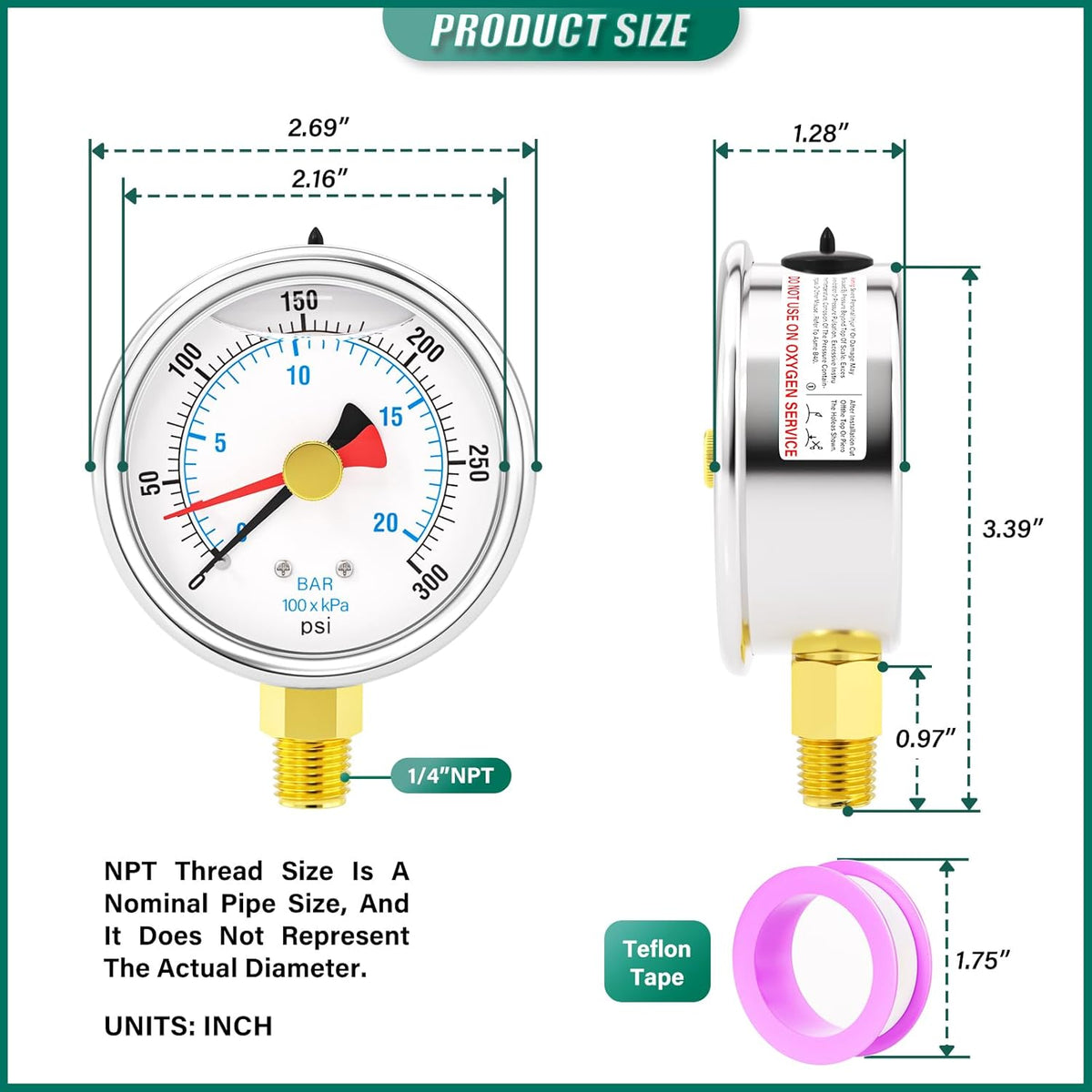 0-300PSI Stainless Steel with Reset Pointer Liquid Filled Pressure Gauge, 2.5" Dial Size, 1/4" NPT Lower Mount, for Tube, Water Pump, Gas, Liquid, Pressure Test