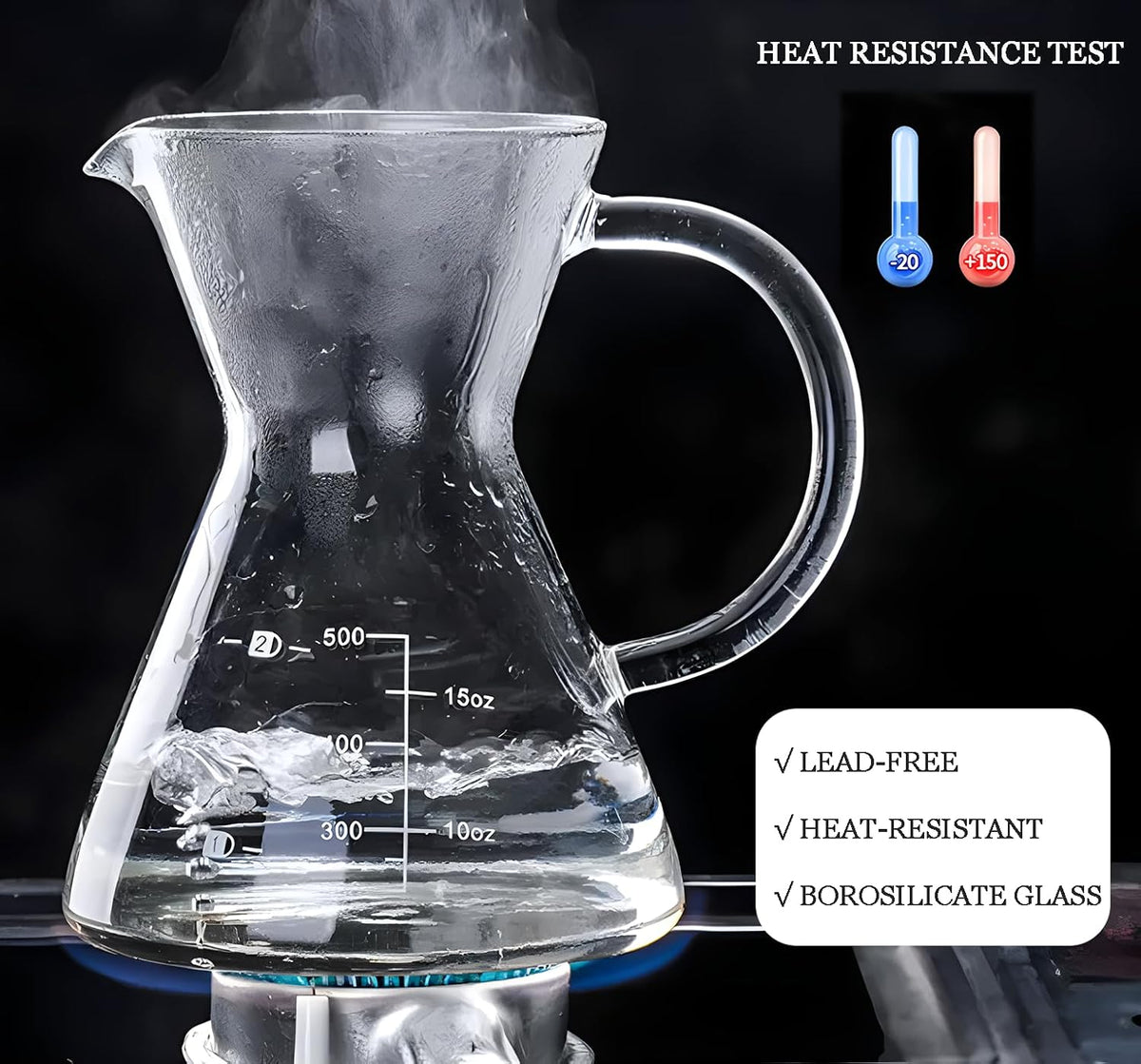 Pour Over Coffee Maker with Reusable Stainless Steel Drip Filter, Glass Drip Coffee Maker Set, Lead-Free Borosilicate Glass Coffee Carafe for 1-2Cup, Clear (400ml/13.5oz)