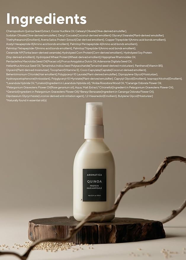 AROMATICA Quinoa Protein Hair Ampoule 3.38 fl. Oz - Vegan Protein Hair Serum for Silky Hair | Nourishing Dry, Damaged Hair | Silicone Free