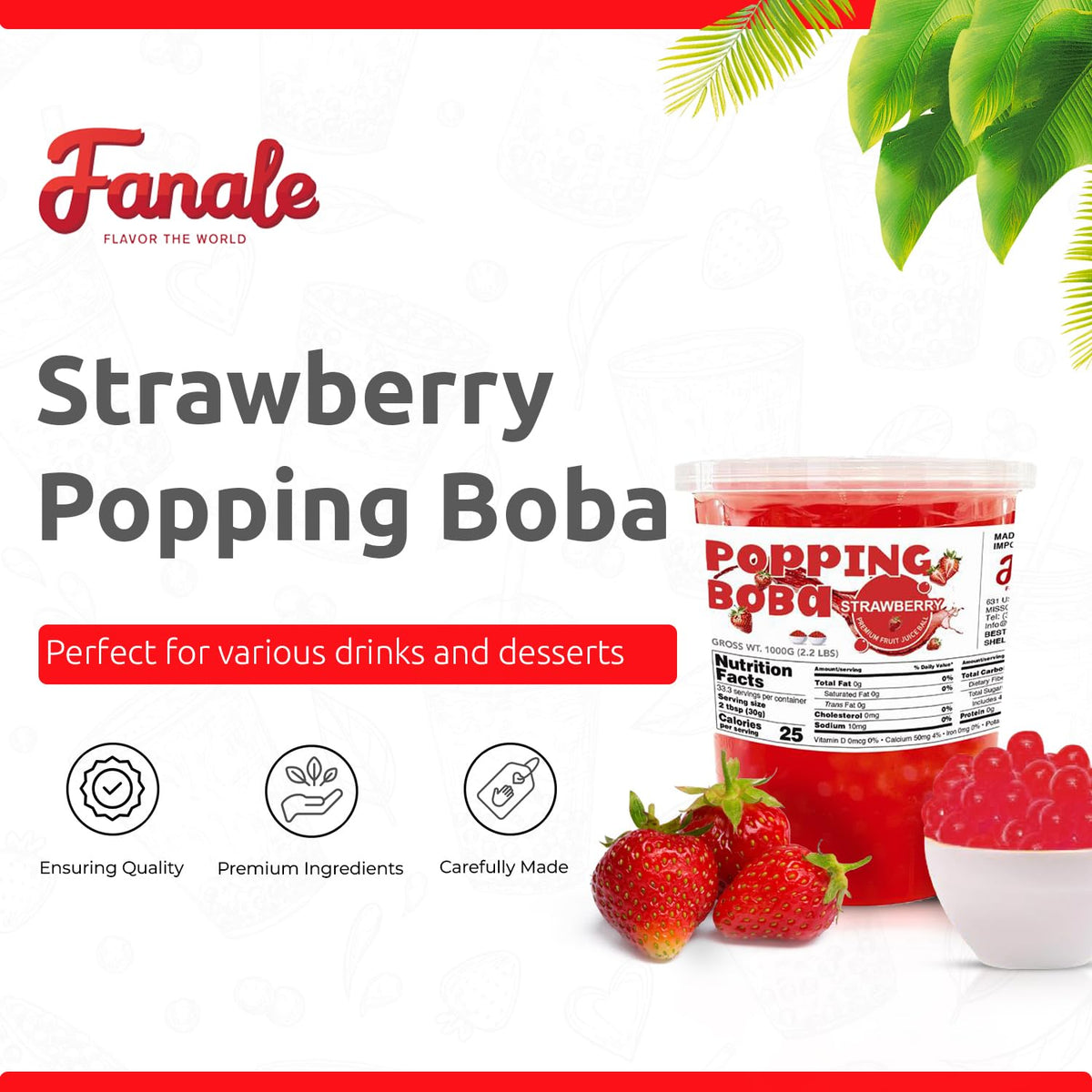 Fanale Strawberry Popping Boba Pearls, Vegan, Non GMO, Gluten Free, Fat Free, Perfect for Bubble Tea, Smoothies, Ice Cream, Desserts, and Beverages.
