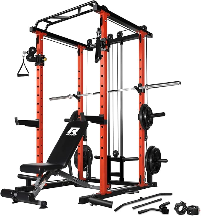RitFit Power Cage with Optional LAT PullDown/Cable Crossover, 1000LB Squat Rack for Home & Garage Gym, with Weight Storage Rack and More Training Attachments, ASTM-Certified