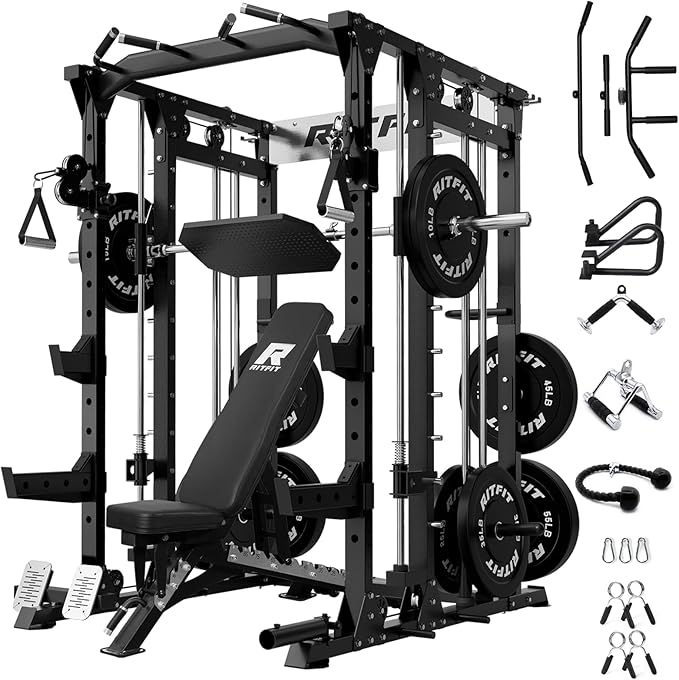RitFit Buffalo Smith Machine, Power cage with LAT-Pull Down System & Cable Crossover System, All-in-One Squat Rack for Home Gym, Power Rack