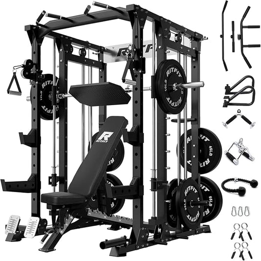 RitFit Buffalo Smith Machine, Power cage with LAT-Pull Down System & Cable Crossover System, All-in-One Squat Rack for Home Gym, Power Rack