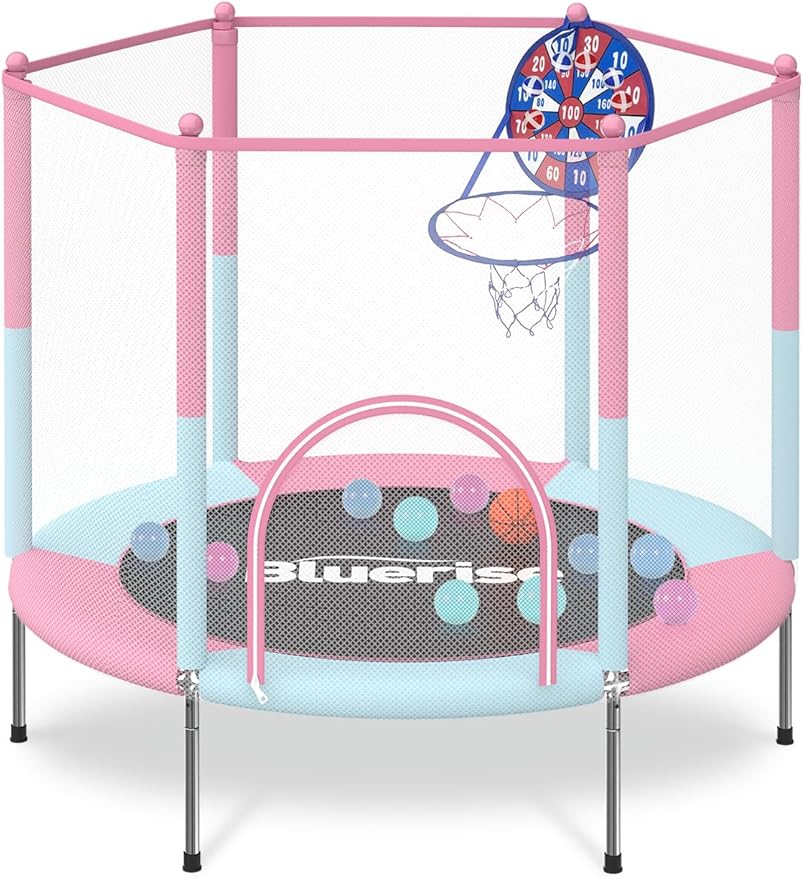 BLUERISE Trampoline 55IN 6FT Toddler Trampoline for Kids Indoor Outdoor Play for Kids Trampoline Basketball Hoop Attachment with Enclosure Net Easy to Assemble Outdoor Indoor Trampoline