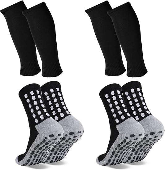 2 Set Grip Soccer Socks with Shin Guard Sleeves Non Slip Soccer Leg Sleeve Socks for Men Women