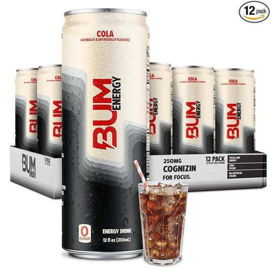 BUM Sugar-Free Energy Drink, Cola - Lightly Carbonated & No Artificial Colors, Natural Caffeine & Citicoline for Energy & Focus, Brain Boost & Workout Sports Beverage - 12 oz, Pack of 12