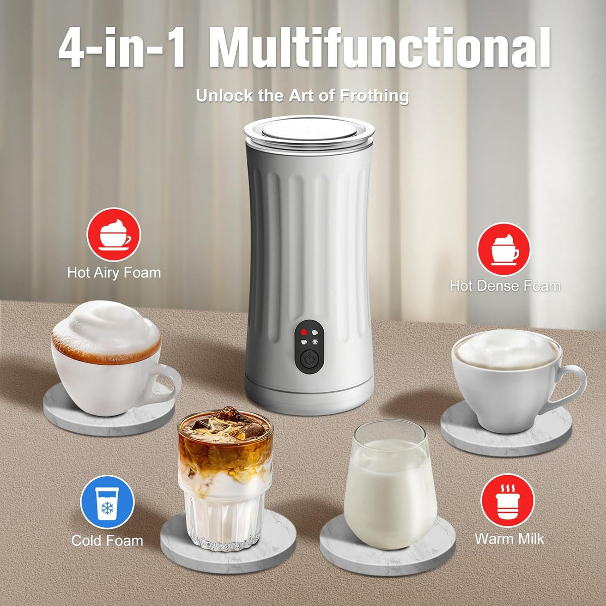 Electric Milk Frother, 4-in-1 Milk Steamer and Frother, 8.1oz/240ml Automatic Warm and Cold Foam Maker, Auto Shut-Off Frother for Coffee, Latte, Cappuccino, Macchiato(White)