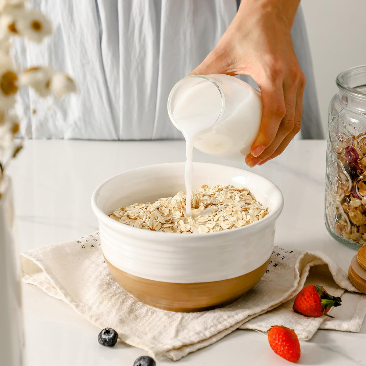 Hasense Ceramic White Colorblocked Design Bowls - 20 OZ Stackable Set of 6, Dishwasher and Microwave Safe for Pasta, Oatmeal, Rice, Ice Cream