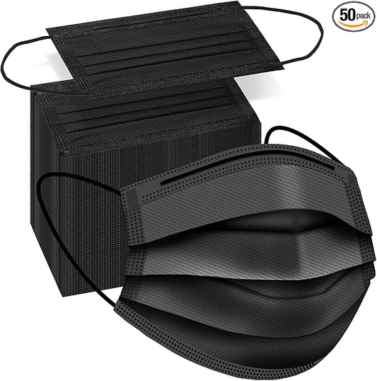 50PCS Disposable Face Masks, Black Masks, 3 Layer Protection Black Disposable Face Masks