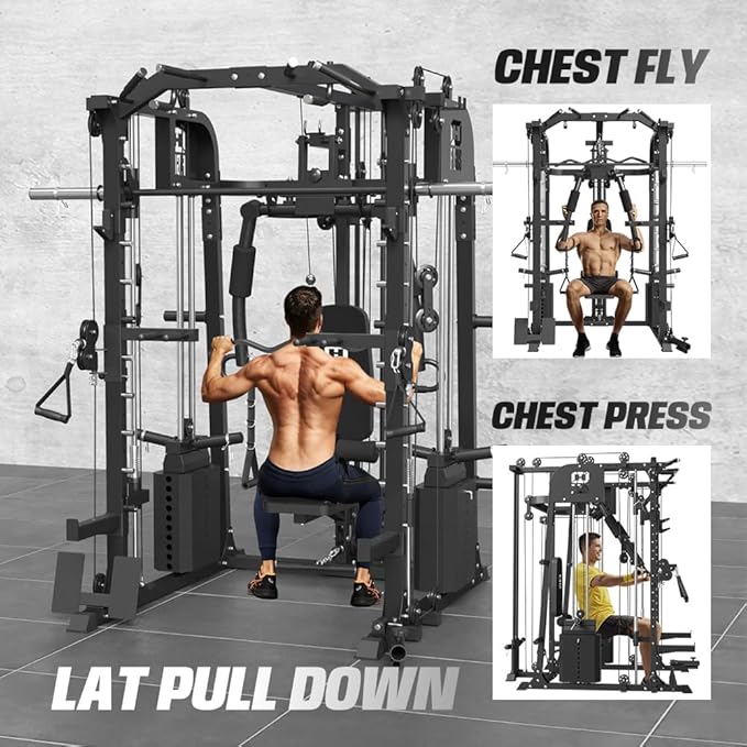 Commercial SmithMachine with Smith Bar, Home Gym Station with Dual Weight Stacks, 4000LBS Power Cage Squat Rack with Lever Arm, Leg Press, LAT Pull Down, Cable Crossover Machine for Full Body Training