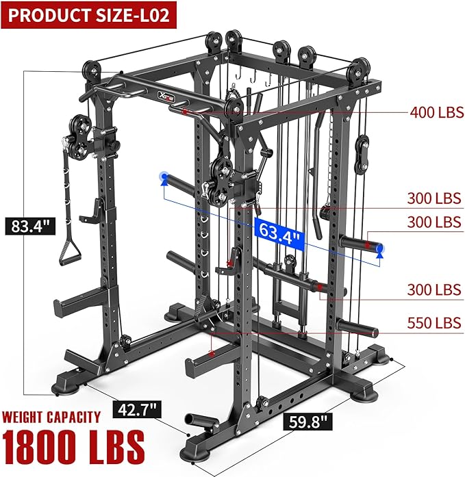 Power Cages Multi-Purpose Squat Rack with Cable Crossover System, Matching Weight Bench, Olympic Barbell Weight Set for Garage and Home Gyms